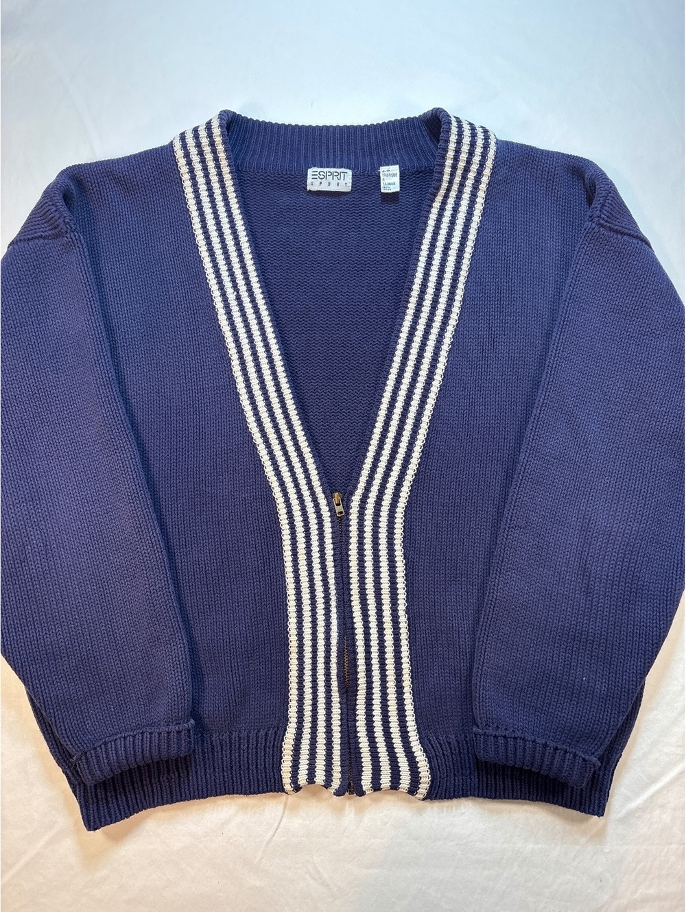 Vintage 80’s Esprit Sport %100 Cotton Navy Striped Zip Cardigan Sweater